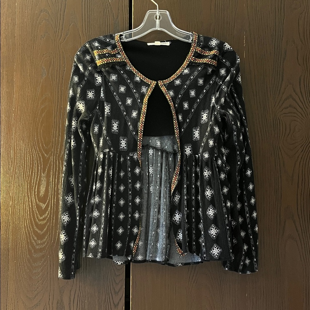 Living Doll long sleeved navy top with gold braid trim. Closes with eyelet. Sm